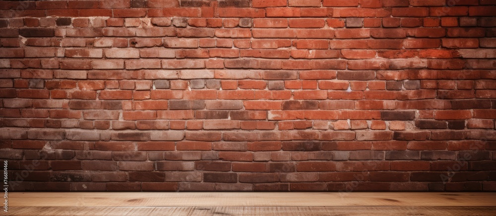 Poster an empty wooden table is positioned in front of a textured brick wall, creating a simple and rustic 