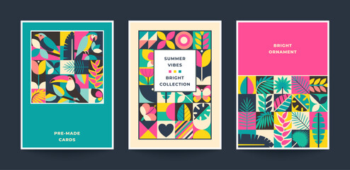 Collection of three trendy vector bright cards with patterns assembled from squares with natural elements and geometric ornament. - 766814413