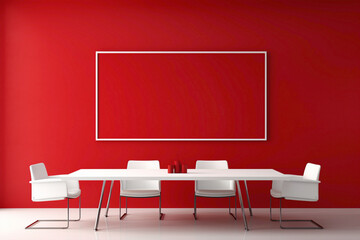 A vibrant red meeting room with a blank white empty frame.