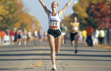 An exhausted yet happy runner crosses the finish line, stretching arms upwards in victory, symbolizing triumph and athletic achievement.