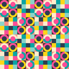 Vector bright summer seamless pattern assembled from squares with geometric ornaments. Vector endless background in modern style