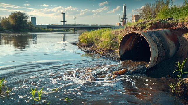industrial and factory wastewater discharge pipe into the canal and sea causing environmental damage and dirty water pollution, sewage pipe outfall into the polluted river