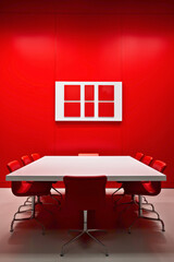 A vibrant red meeting room with sleek furniture and a blank white empty frame.