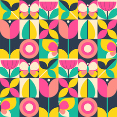 Set of three vector summer seamless patterns assembled from squares with natural elements, flowers, leaves and geometric ornaments. Vector endless background in modern style