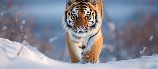 A Siberian tiger, a carnivorous felidae species, with whiskers and a snout, is walking through the...