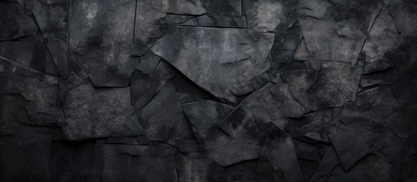 Close up of a dark black wall surface filled with multiple random pieces of paper strewn around