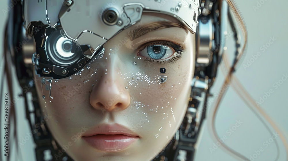 Poster robotic female face representing artificial intelligence and futuristic concepts in digital technolo