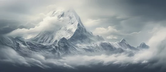 Papier Peint photo Lavable Gris foncé A majestic mountain, blanketed in snow, is encircled by fluffy cumulus clouds in the sky, creating a stunning natural landscape