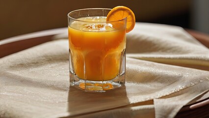 A glass of orange juice ice cubes