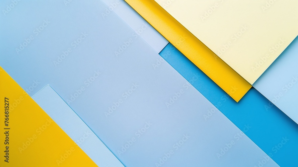 Poster geometric shapes and color papers in light blue and yellow tones creating an abstract flat lay compo