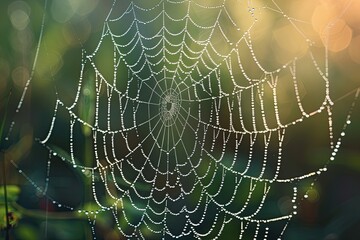 A dew-covered spiderweb in the early morning light showcasing the intricate beauty of natures designs