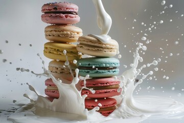 A dynamic splash of milk around a stack of colorful macarons capturing movement and playfulness