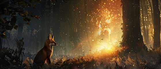 A fox gazing curiously at a supernova explosion illuminating the dark forest around it