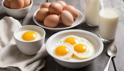 eggs in a bowl, whole meal bread and milk on table