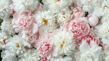 beautiful blooming peonies in white and pastel pink creating an elegant floral background top view