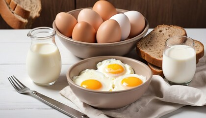 eggs in a bowl, whole meal bread and milk on table