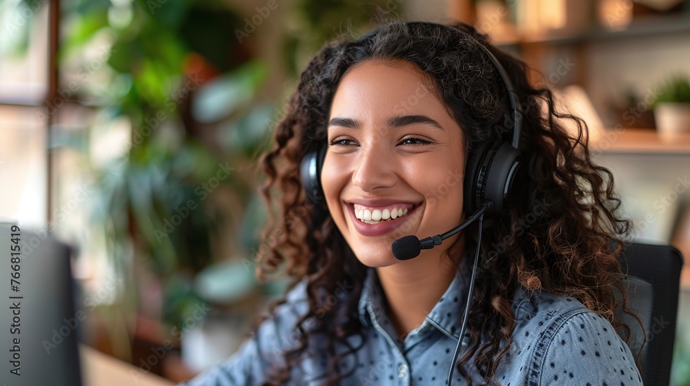 Poster remote customer service agent answering incoming calls and resolving issues with great communication