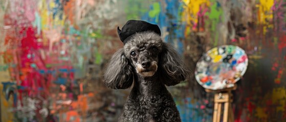 A poodle in artists gear with a beret and palette