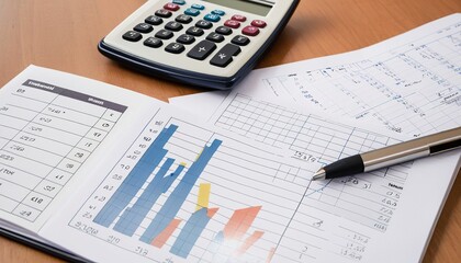 Naklejka na ściany i meble financial graph, calculator and notepad on table