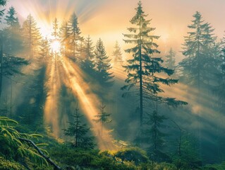 A panoramic view of a misty forest at dawn with sun rays piercing through the trees