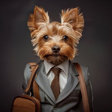 A Yorkshire Terrier in a business suit with a tie and briefcase