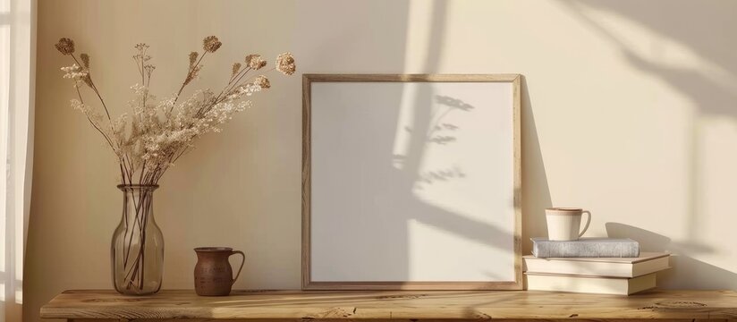 Wooden picture frame mockup on beige wall, boho vase with dried flowers on the table, coffee cup and old books in a home office workspace showcasing modern interior design with art and posters.