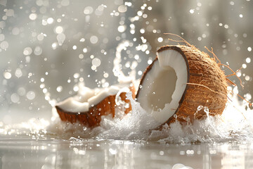 Fresh coconut breaking open with splashing water on a bright background - obrazy, fototapety, plakaty