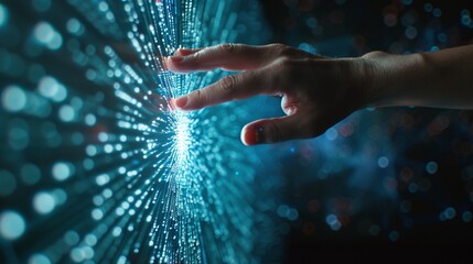 spinning data flow processing visualization background hand touching digital technology innovation