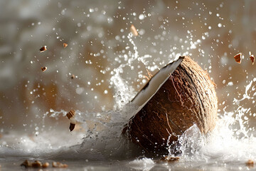 Fresh coconut breaking open with splashing water on a bright background - obrazy, fototapety, plakaty