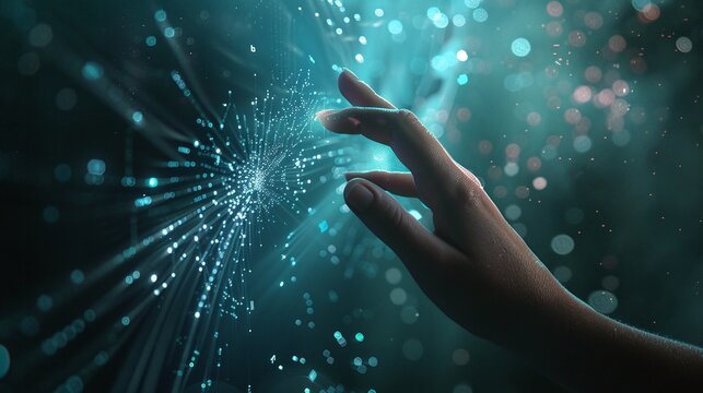 spinning data flow processing visualization background hand touching computer futuristic concept