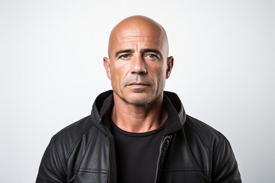 Portrait of a bald man in a black leather jacket on a white background