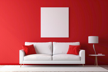 A vibrant red living room with modern furniture and a blank white empty frame.