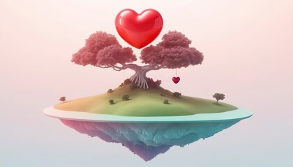 floating island with tree pastel colored gradient and red heart-shaped isolated on white background...