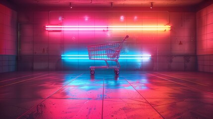 Neon lights reflecting on a lone shopping cart in a stark setting