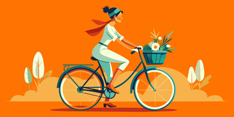 Girl on Bike for World Bicycle Day (June 3rd), National Bike Month (May - varies), Bike to Work Day (varies), Car-Free Day (September 22nd) - Vector Illustration

