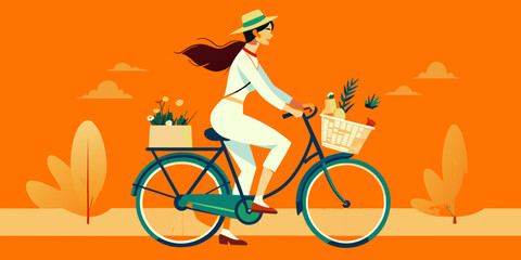 Girl on Bike for World Bicycle Day (June 3rd), National Bike Month (May - varies), Bike to Work Day (varies), Car-Free Day (September 22nd) - Vector Illustration

