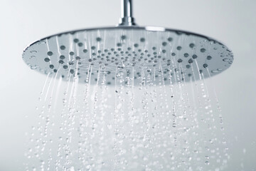 Shower head with water drops and blurred background. 
