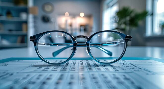 Optometrist's glasses and eye chart in a clinic