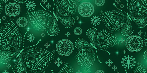 Dark green vintage hand drawn floral seamless pattern with lacy butterflies and mandalas and vivid stars - obrazy, fototapety, plakaty