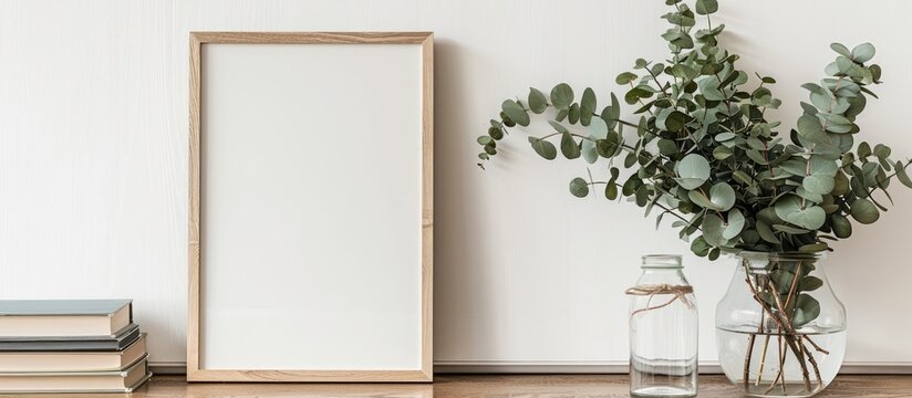White wooden frame mockup including green eucalyptus branches in a glass bottle and a stack of books on the table. Designed for posters and product display,