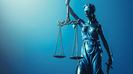 Lady Justice statue in blue hues, holding balanced scales, - obrazy, fototapety, plakaty