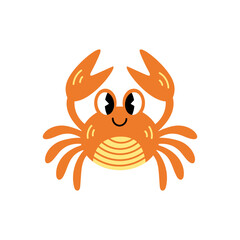 Crab cute cartoon vector illustration. Happy wildlife baby animal with claws. Isolated on white background. Childish character mascot flat design