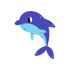 Dolphin cartoon vector illustration. Blue sea life cute baby animal jump pose. Wildlife aquatic mammal. Isolated on white background