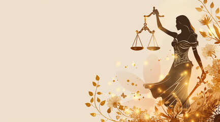 illustration of lady justice holding scales, floral accents on the beige and gold color background - obrazy, fototapety, plakaty