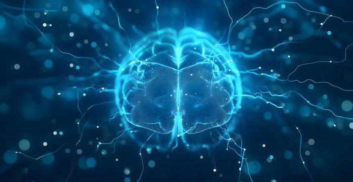 Blue digital brain with glowing connections on dark background, AI concept, neural network, or artificial intelligence technology illustration.