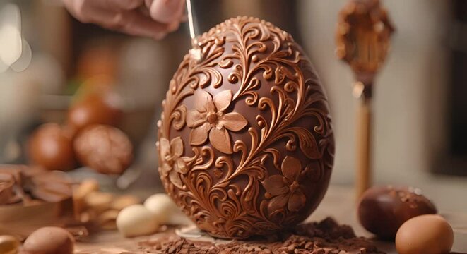 A chocolate Easter egg, intricately decorated, seasonal joy