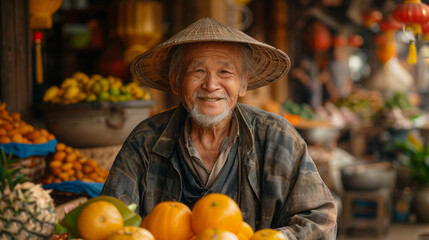 Asian market, vendors selling spices and fruits