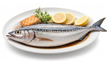 King mackerel or spotted mackerels steak with dish isolated on white background - obrazy, fototapety, plakaty