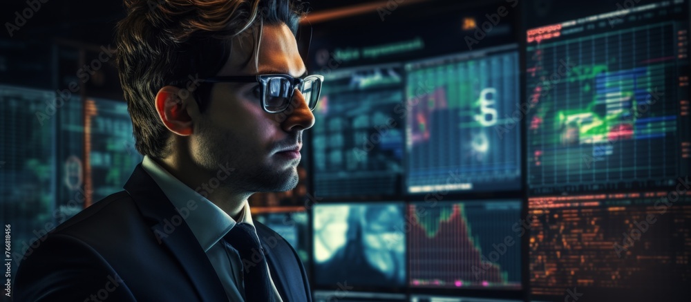 Poster a man in a suit and tie is at an event, looking at a display device. he appears to be wearing eyewea