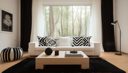 Bright living room interior with large windows comfortable sofa coffee table and stylish accessories in black and white colors